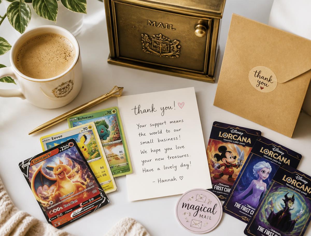 A friendly desk with cards, a thank you note, and a mailbox