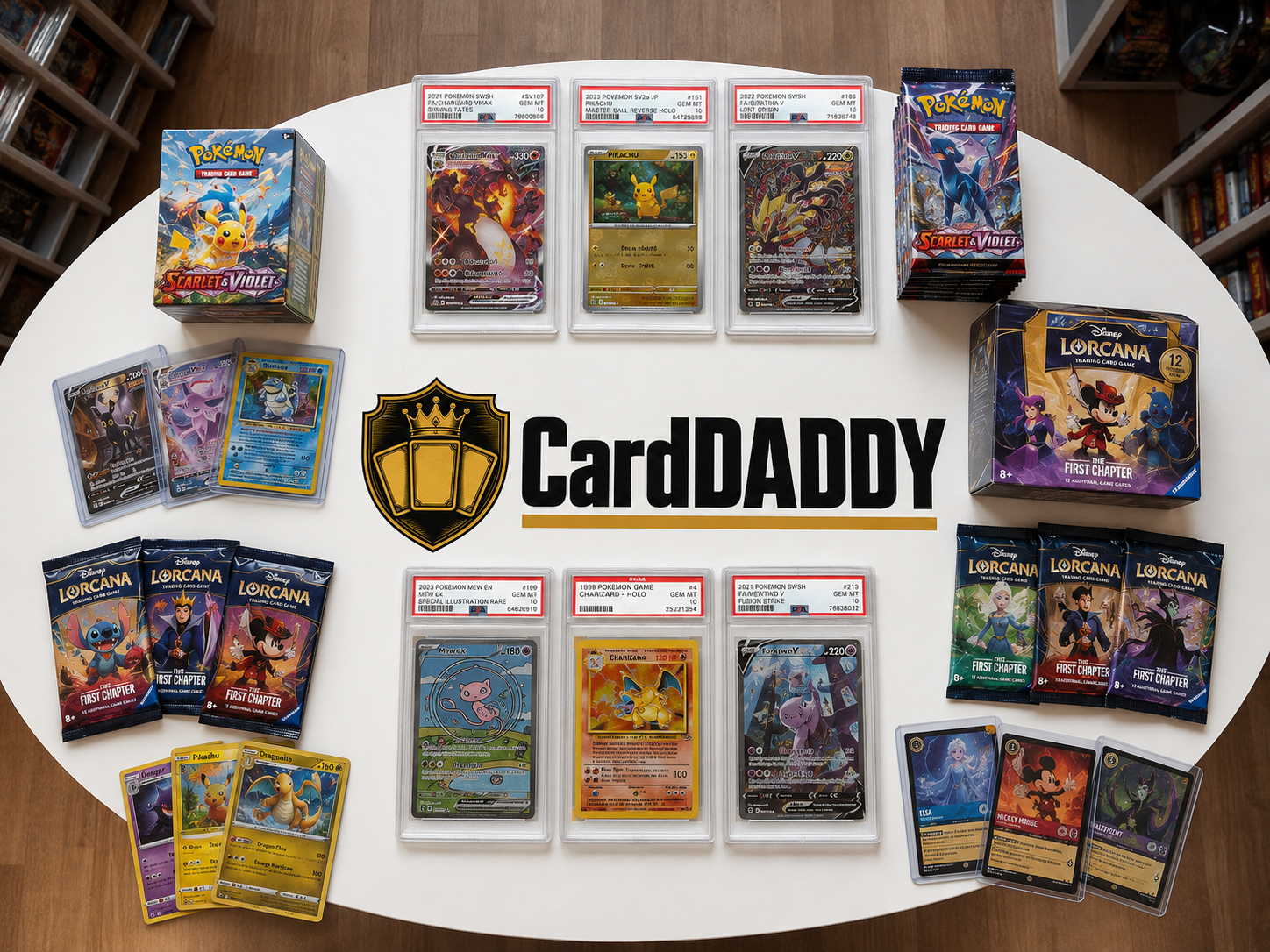 CardDADDY collection display with Pokémon and Lorcana cards, slabs, and booster packs