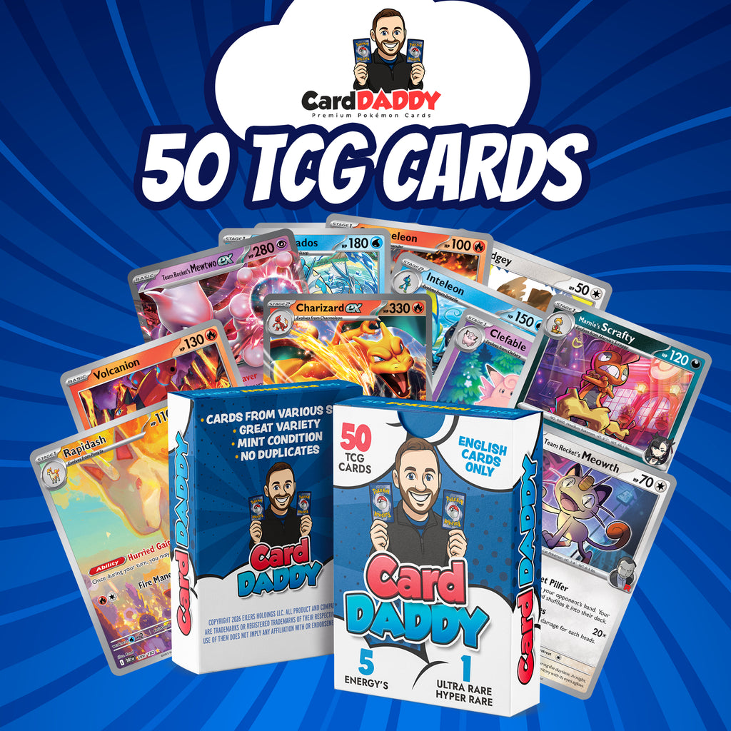 CardDADDY 50 Pokémon TCG Cards Pack – Guaranteed Ultra Rare + No Duplicates | English Cards | Custom Storage Case Included