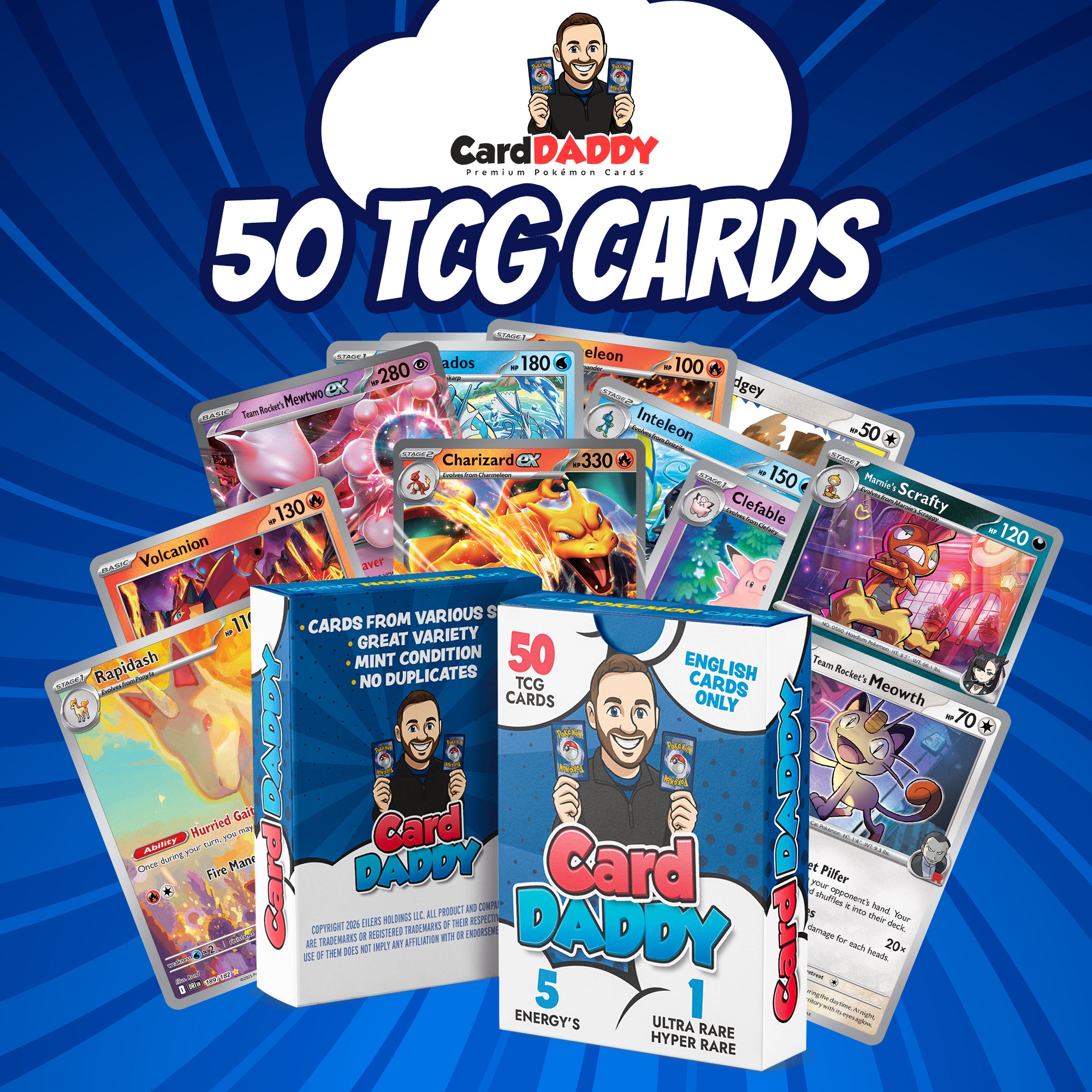 CardDADDY 50 Pokémon TCG Cards Pack – Guaranteed Ultra Rare + No Duplicates | English Cards | Custom Storage Case Included