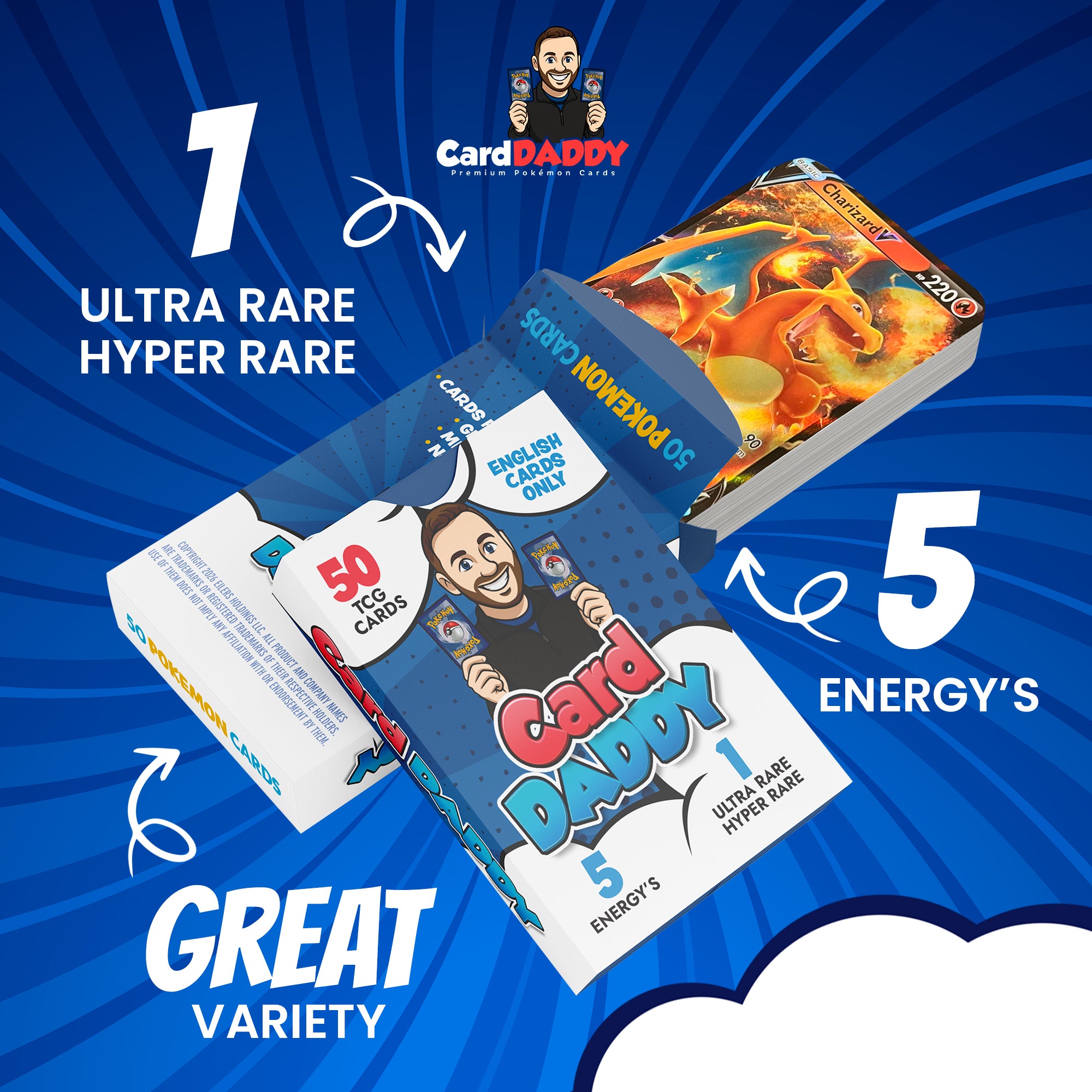 CardDADDY 50 Pokémon TCG Cards Pack – Guaranteed Ultra Rare + No Duplicates | English Cards | Custom Storage Case Included