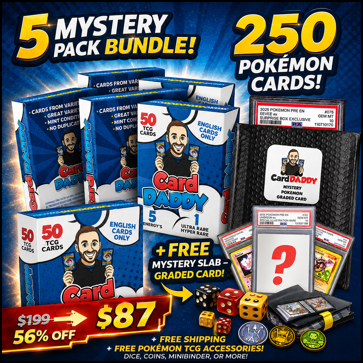 🔥 5x CardDADDY Mystery Packs Bundle - 250 Cards + FREE Mystery Slab & Accessories